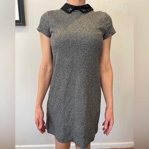 Ann Taylor gray 100% cotton dress with black jeweled collar  size small 33 inch